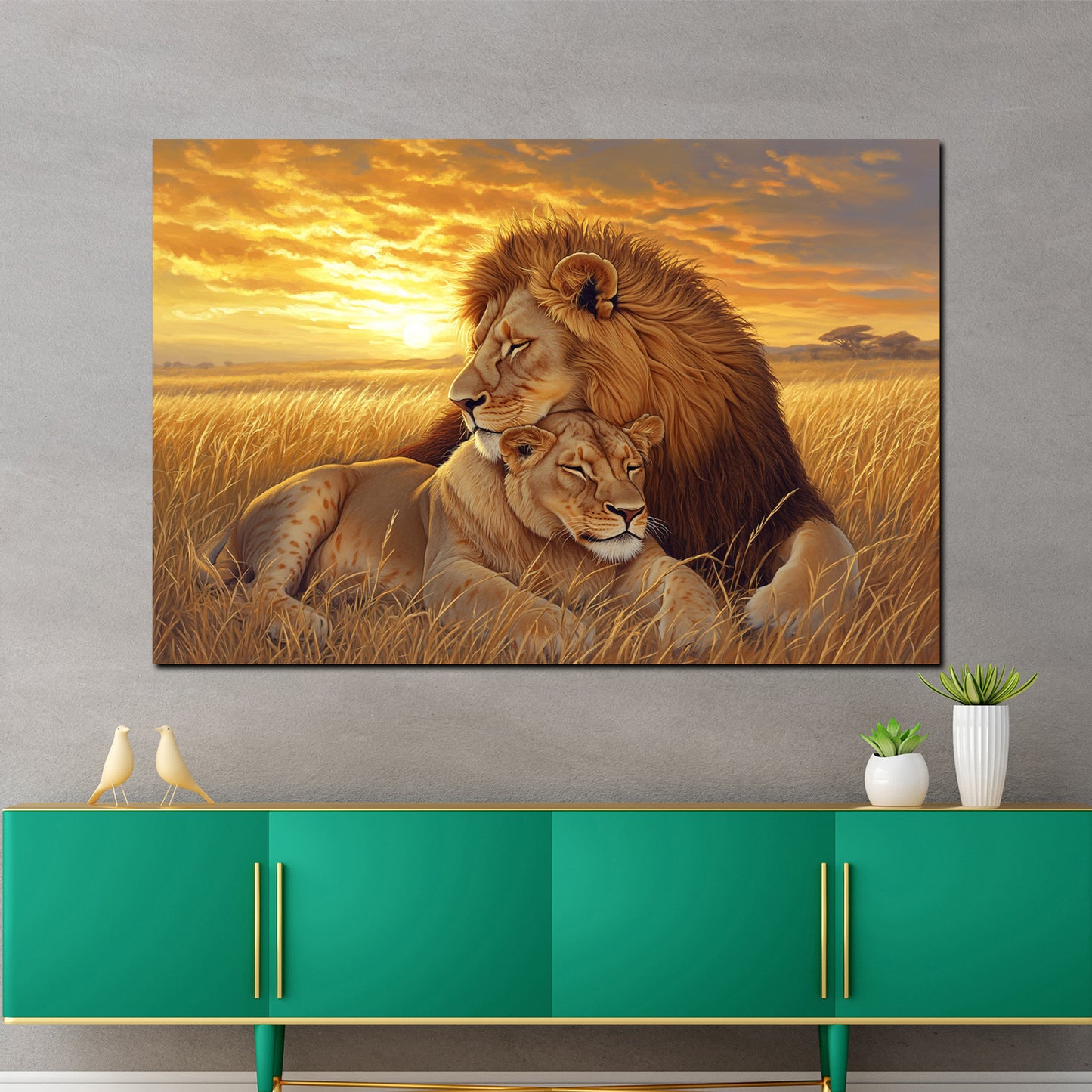 Löwenpaar im Sonnenuntergang Liebe Natur Wandbild