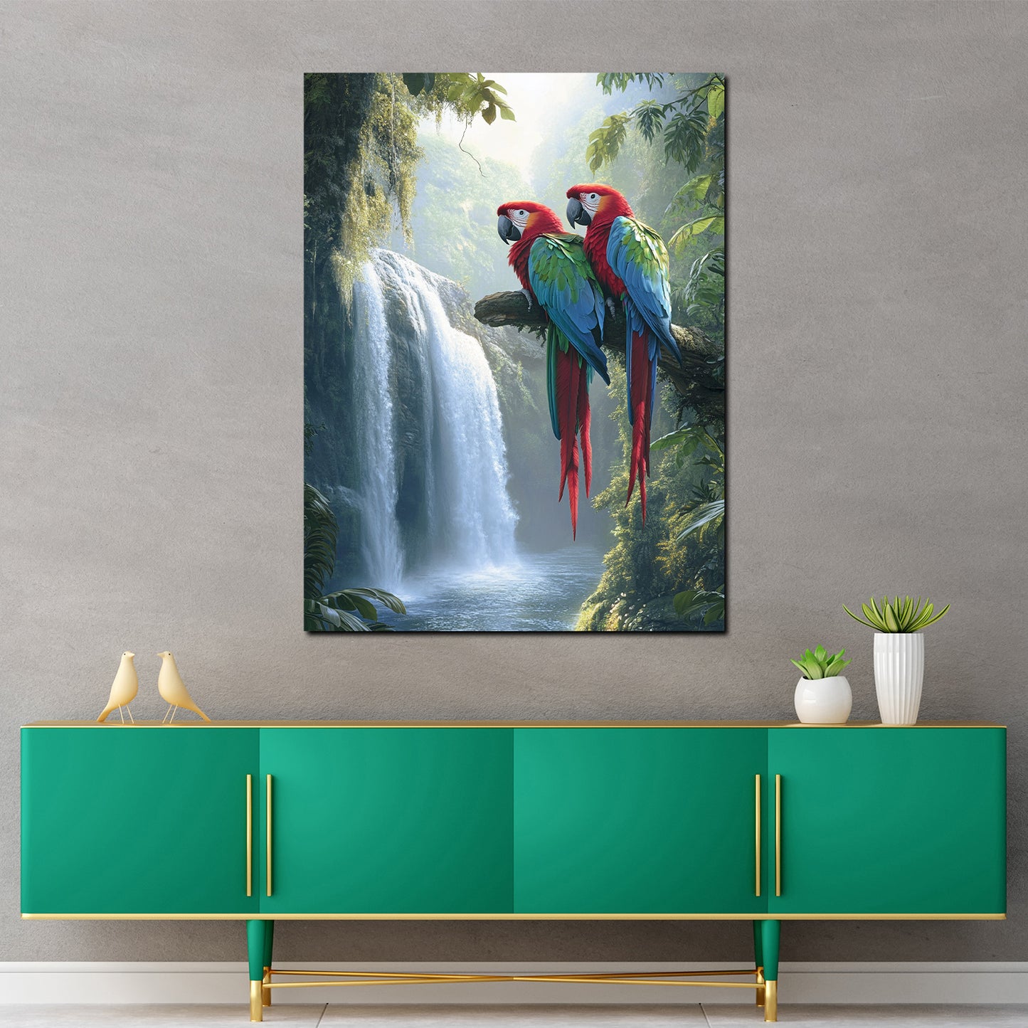 Papageien Wasserfall im Regenwald Wandbild