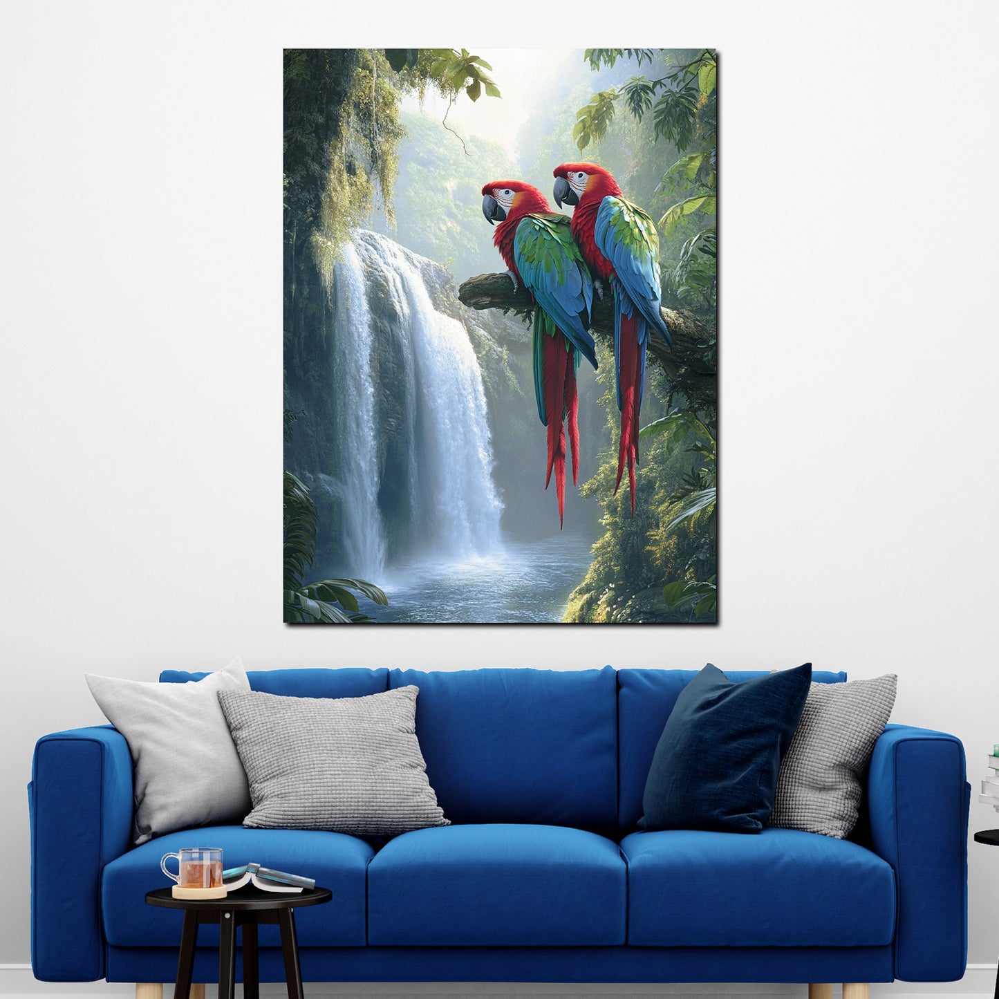 Papageien Wasserfall im Regenwald Wandbild