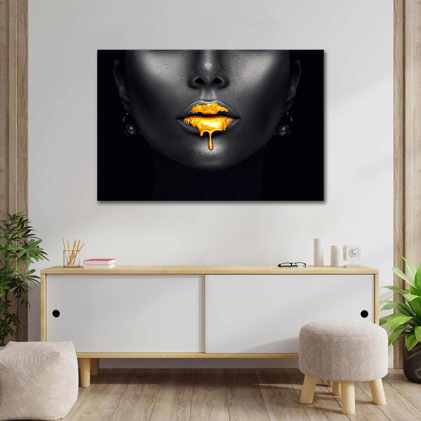 Lippen Gesicht Gold Lips Wandbild Kunstwerk