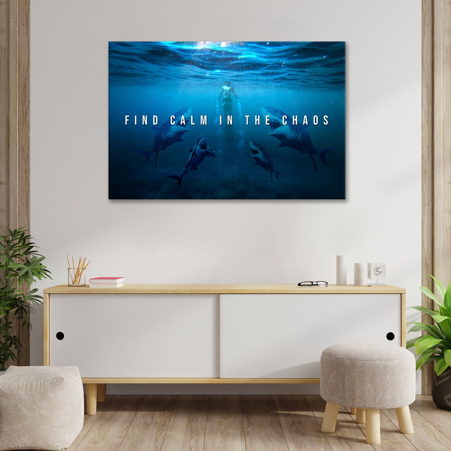Haie Find Calm In The Chaos, Motivation Wandbild Kunstwerk