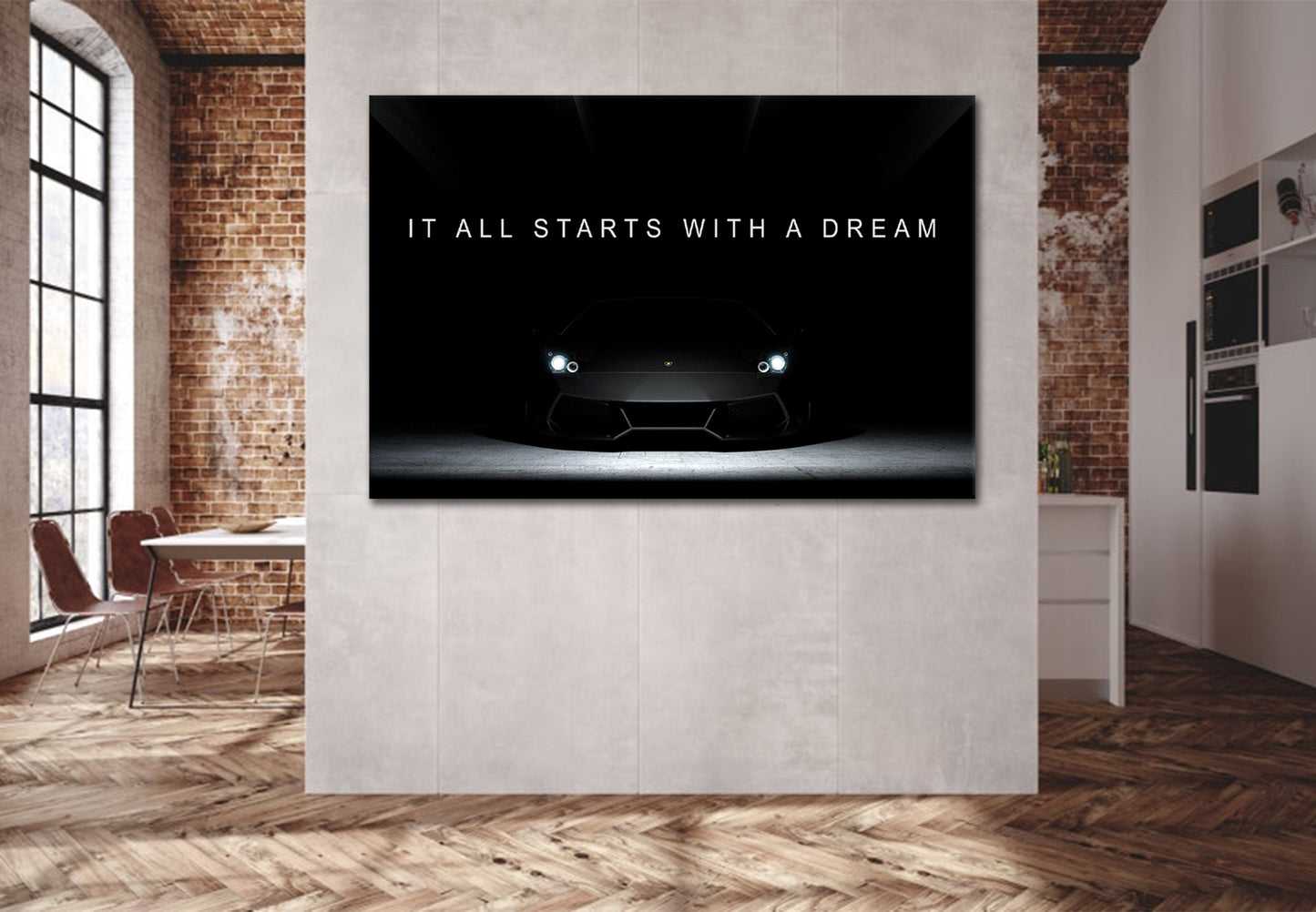 Wandbild Kunstwerk Sportwagen It All Starts With A Dream