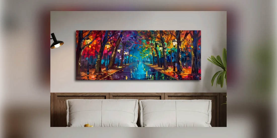 Panorama-Wandbild einer bunten Parkallee über einem Bett im Schlafzimmer (Raumvisualisierung)