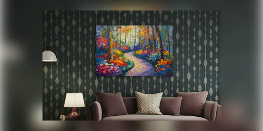 Wandbild eines bunten Wegs durch den Herbstwald über einem Sofa (Raumvisualisierung)