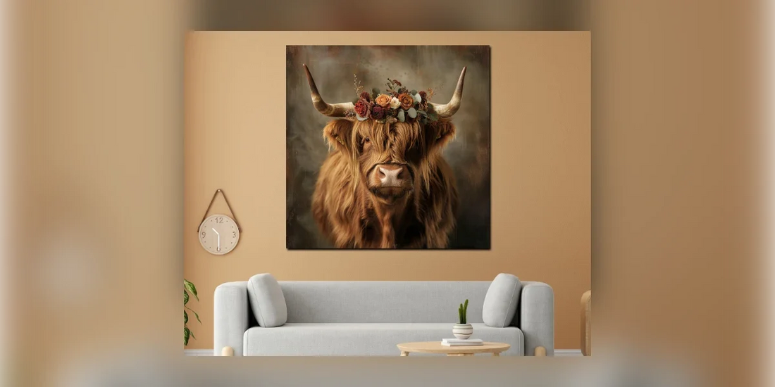 Wandbild Hochlandrind mit Blumen über einem hellen Sofa als Geschenkidee