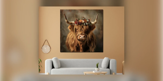 Wandbild Hochlandrind mit Blumen über einem hellen Sofa als Geschenkidee