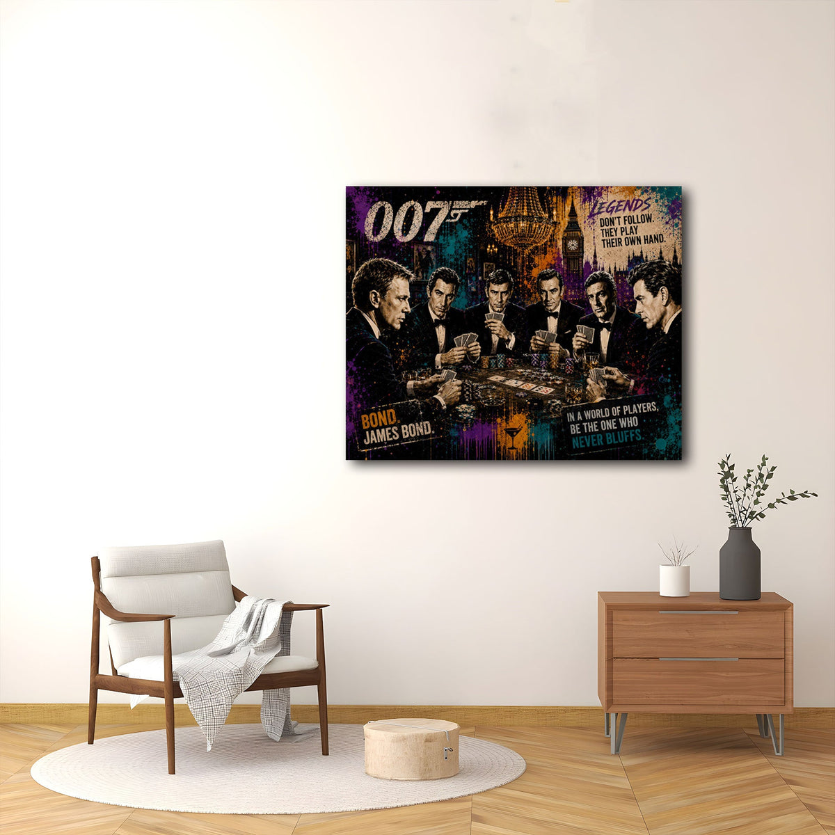 Detailansicht Casino Wandbild mit Pokerchips Karten und Kronleuchter