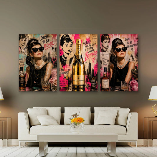 3er-Set Audrey Glamour im Wohnzimmer über dem Sofa