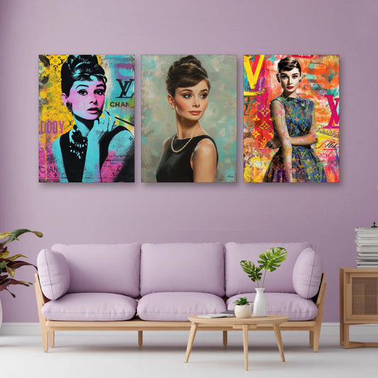 3er-Set Audrey Ikone im Wohnzimmer über dem Sofa