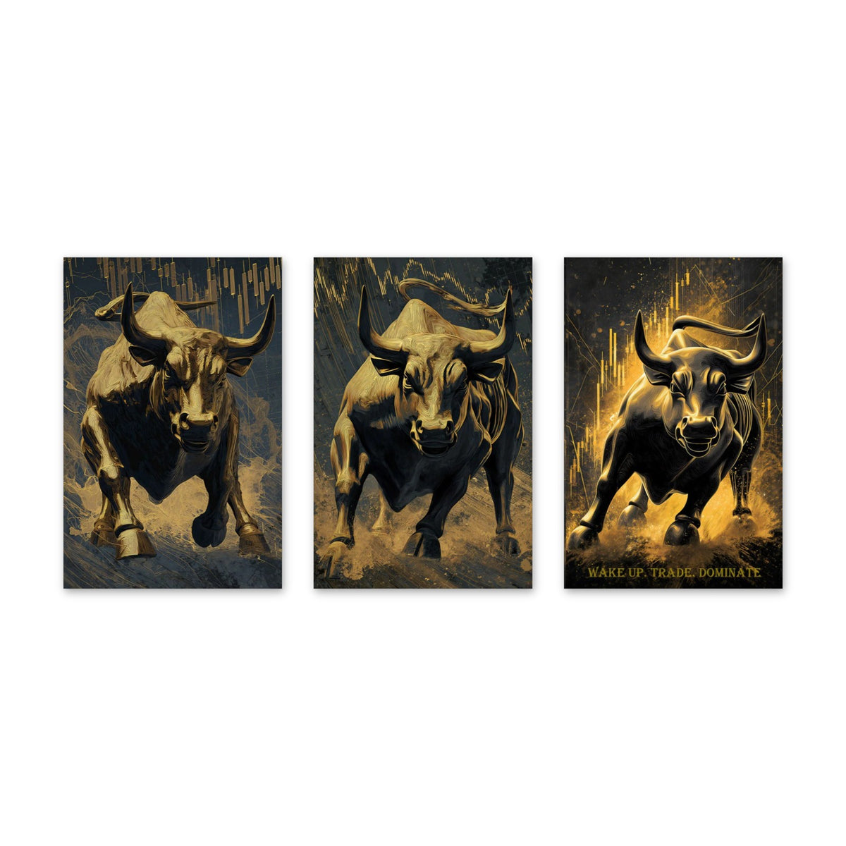 3er-Set Goldene Bullen – drei Leinwandbilder