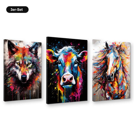 3er-Set Bunte Tierwelt – drei Leinwandbilder