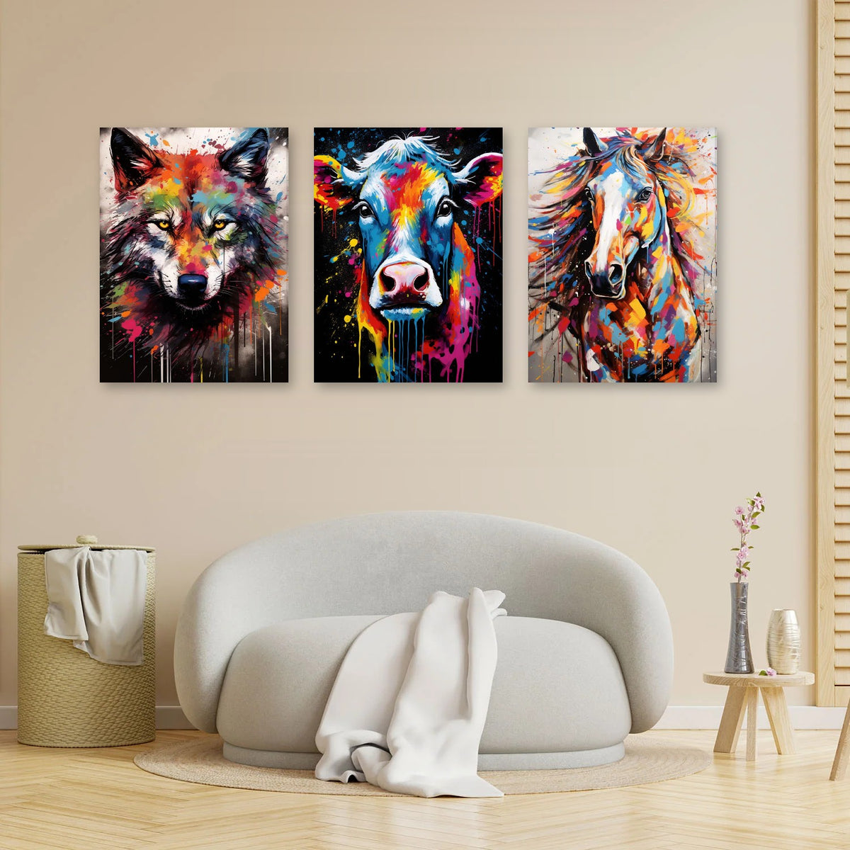 3er-Set Bunte Tierwelt im Wohnzimmer über dem Sofa