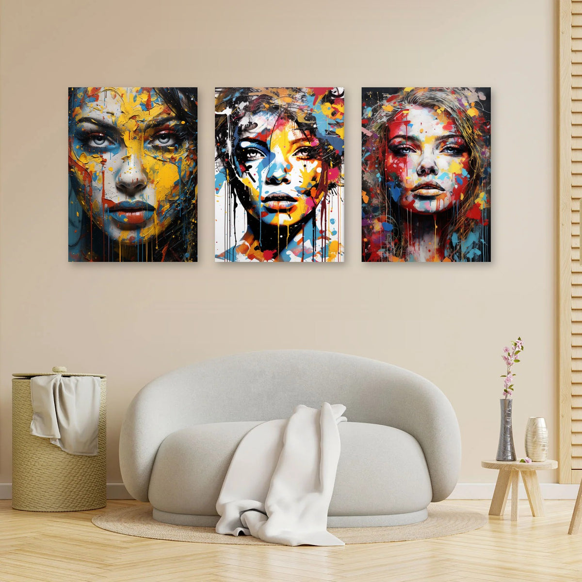 3er-Set Face Art Colour im Wohnzimmer über dem Sofa