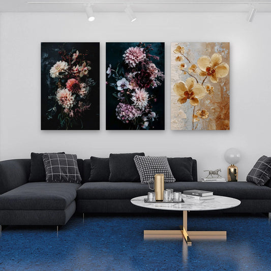 3er-Set Florale Eleganz im Wohnzimmer über dem Sofa