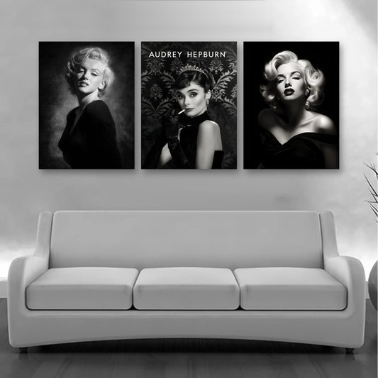 3er-Set Hollywood Legenden Schwarz-Weiß im Wohnzimmer über dem Sofa