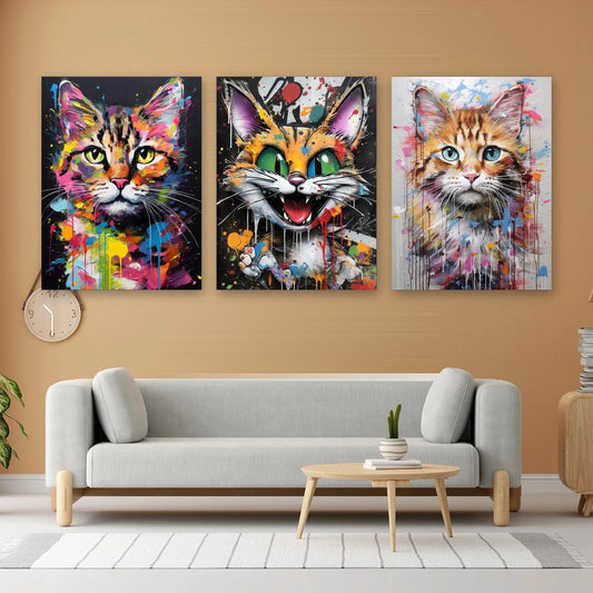 3er-Set Pop Art Katzen im Wohnzimmer über dem Sofa