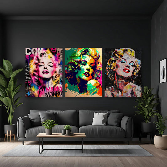 3er-Set Marilyn Pop Art Collage im Wohnzimmer über dem Sofa