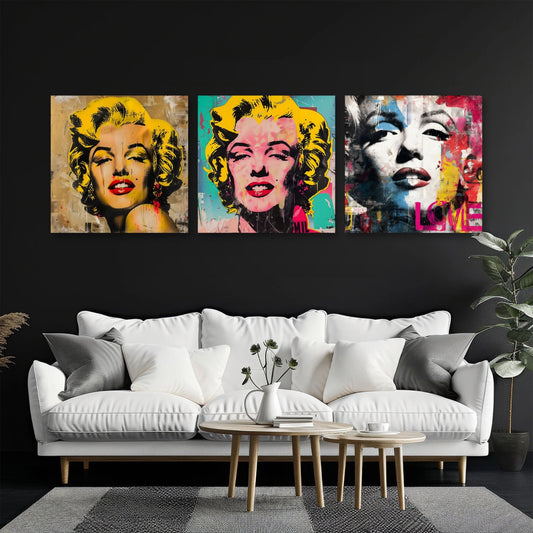 3er-Set Marilyn Pop Art im Wohnzimmer über dem Sofa