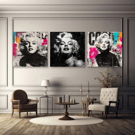 3er-Set Marilyn Schwarz-Weiß im Wohnzimmer über dem Sofa