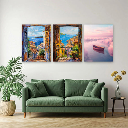 3er-Set Mediterrane Sehnsucht im Wohnzimmer über dem Sofa