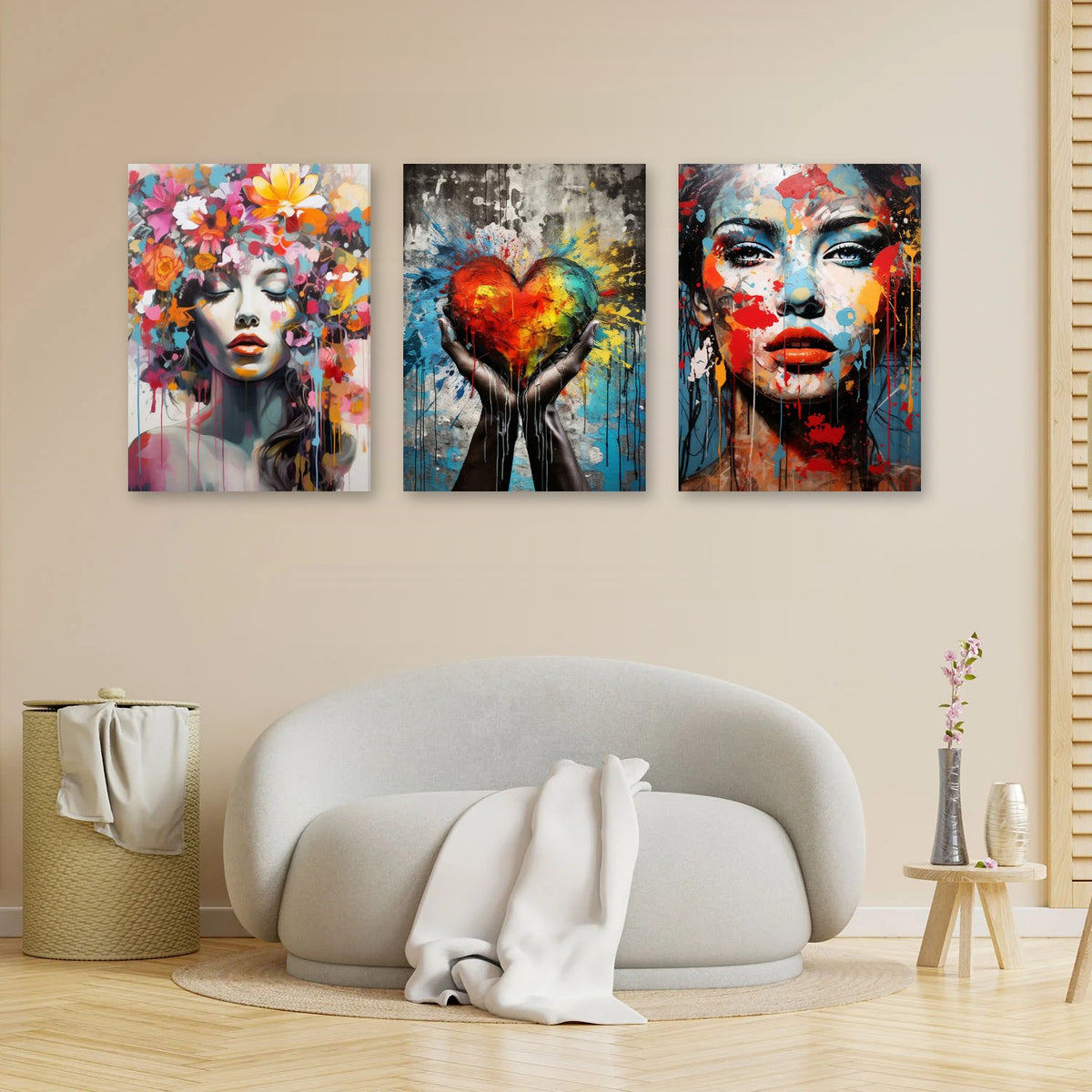 3er-Set Pop Art Frauen im Wohnzimmer über dem Sofa