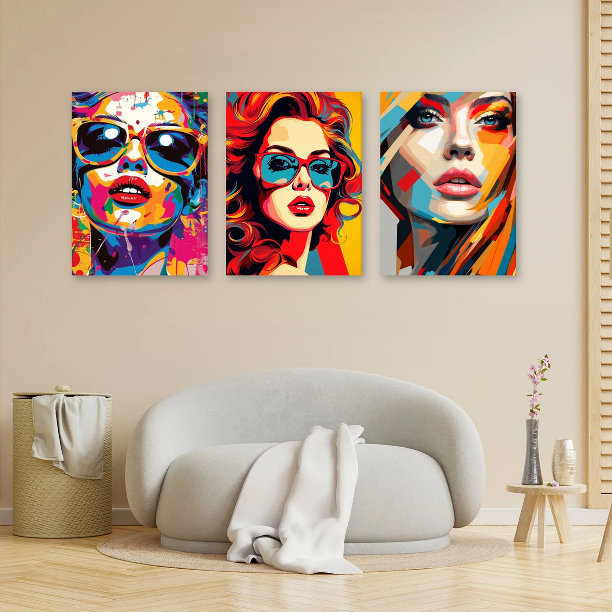 3er-Set Pop Art Ladies im Wohnzimmer über dem Sofa