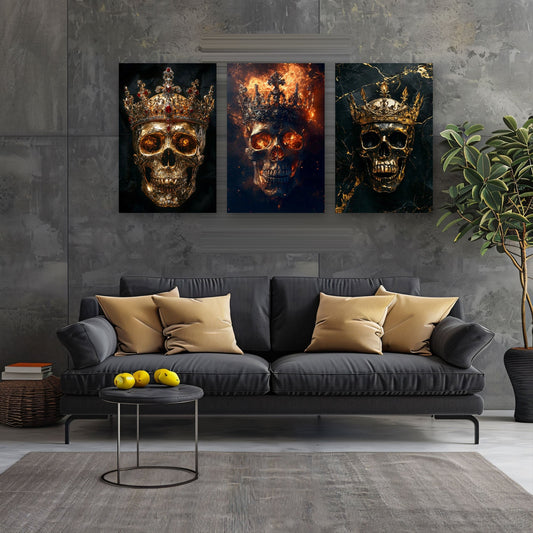 3er-Set Goldene Totenköpfe im Wohnzimmer über dem Sofa