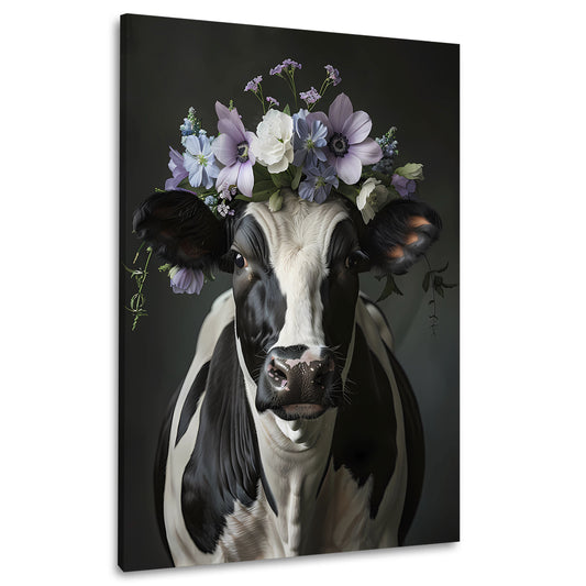 Bildschöne Kuh schwarz weiß mit Blumenkranz Wandbild