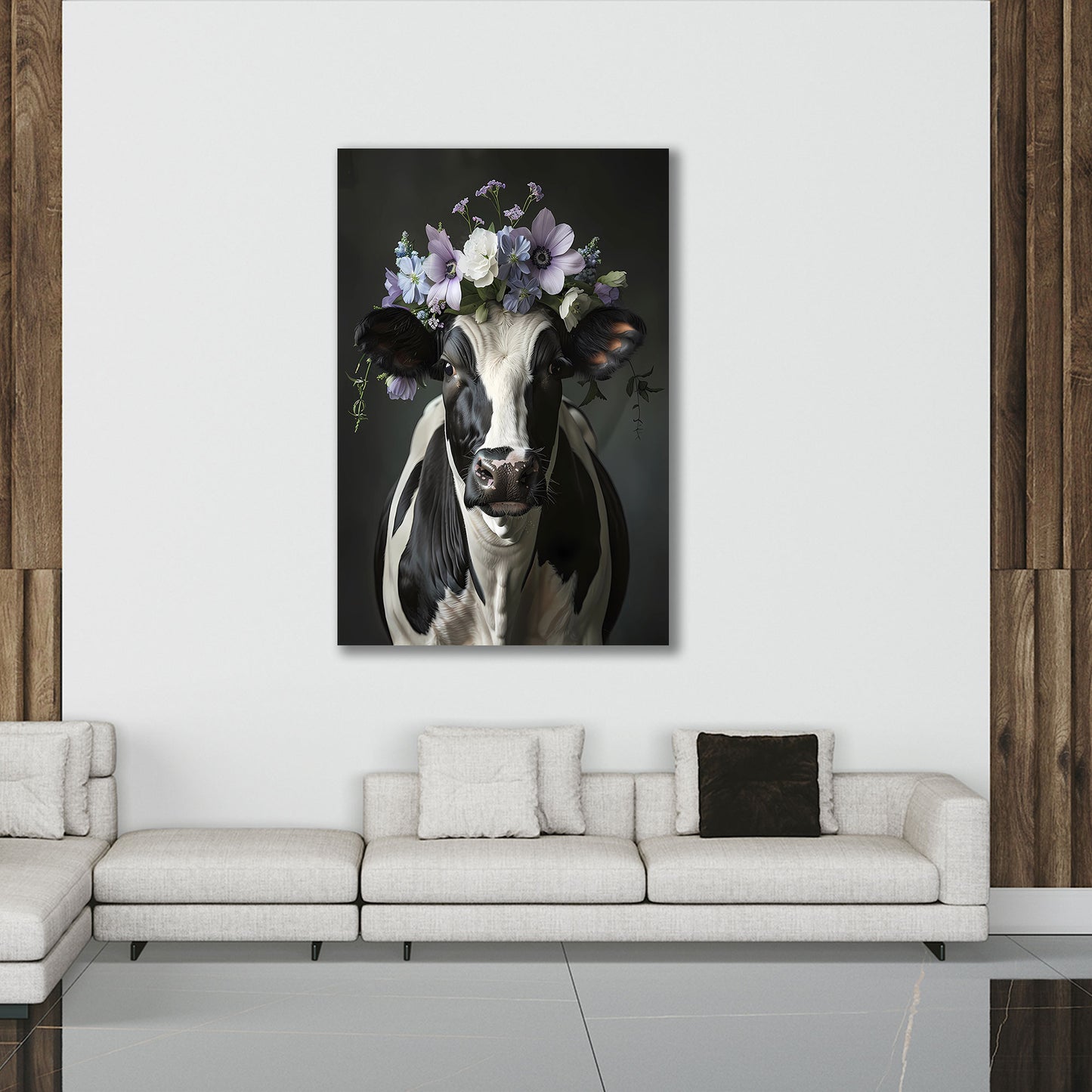 Bildschöne Kuh schwarz weiß mit Blumenkranz Wandbild