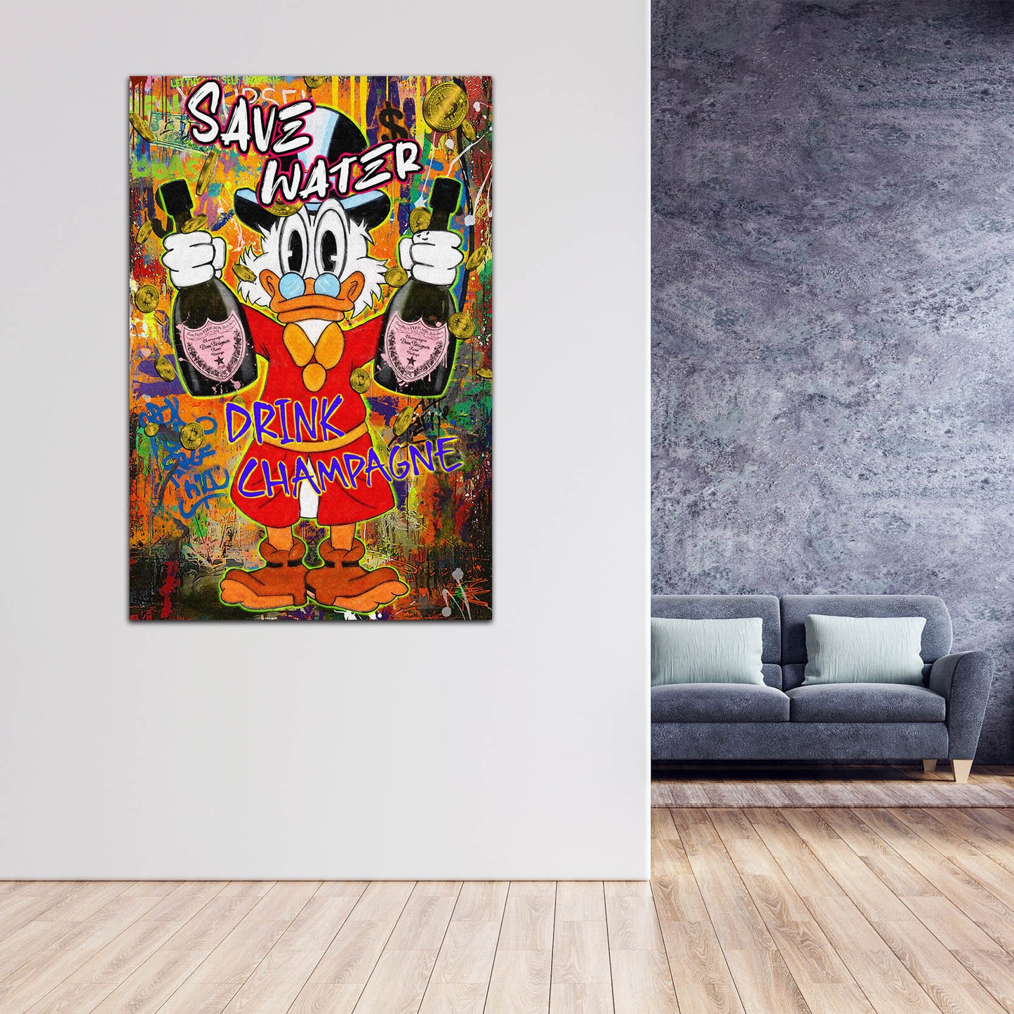 Pop Art Duck Save Water Champagner Geld Erfolg Wandbild Kunstwerk