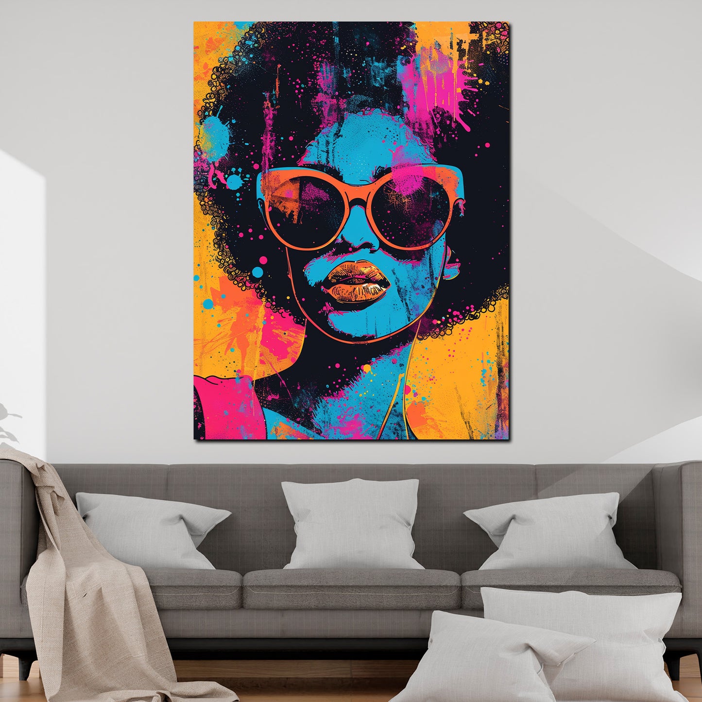 African Woman Pop Art mit Sonnenbrille farbenfroh Wandbild Kunstwerk