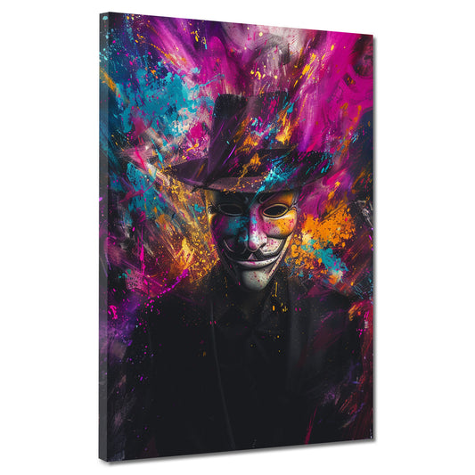 Wandbild Anonymous Maske Pop Art mit Hut und Farbenexplosion