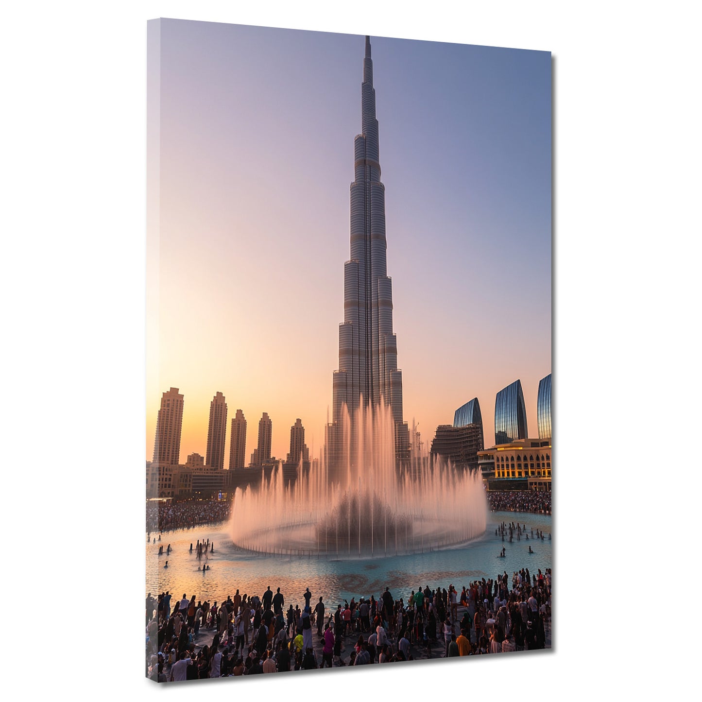 Dubai Burj Khalifa mit Wasserfontäne bei Sonnenuntergang Wandbild Kunstwerk