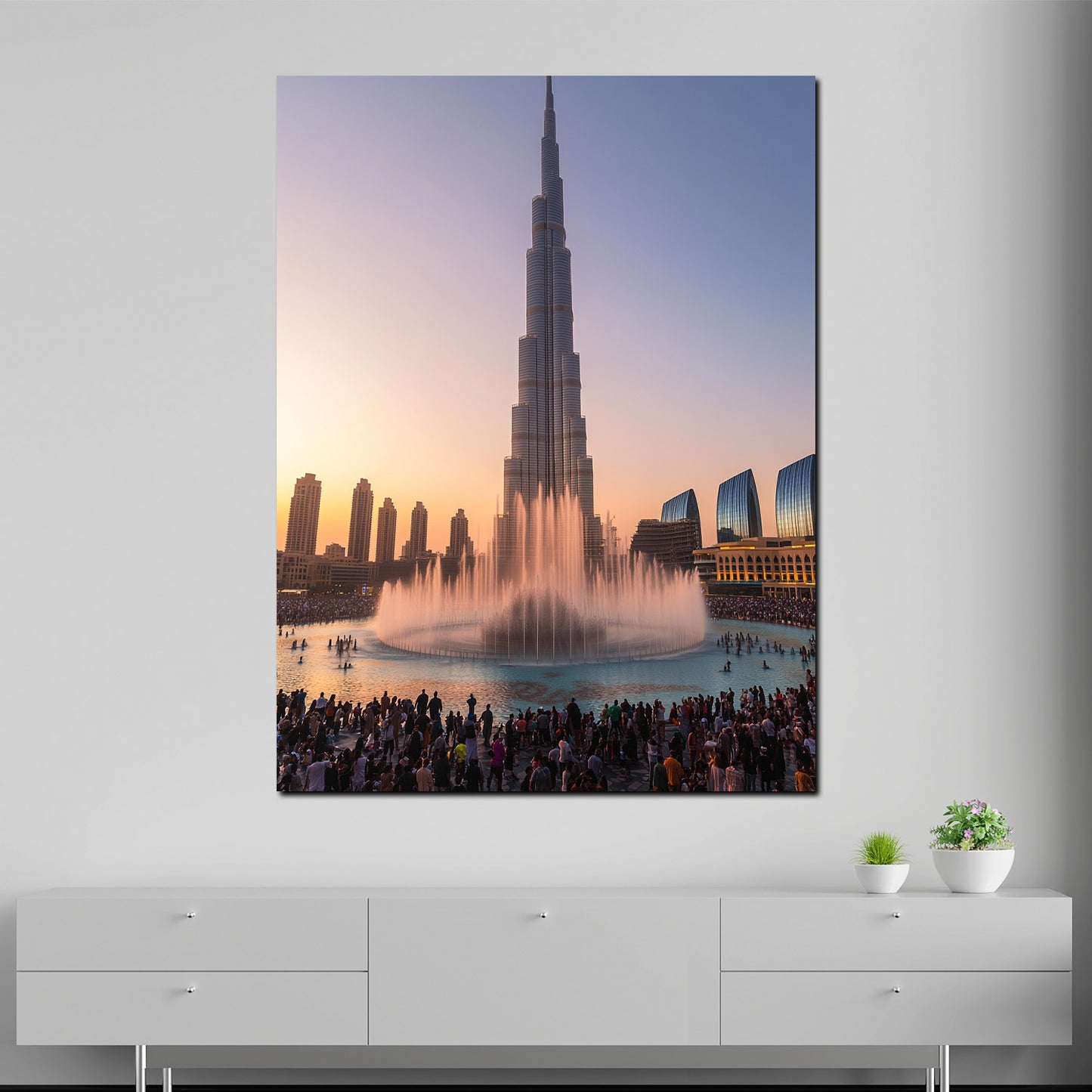 Dubai Burj Khalifa mit Wasserfontäne bei Sonnenuntergang Wandbild Kunstwerk