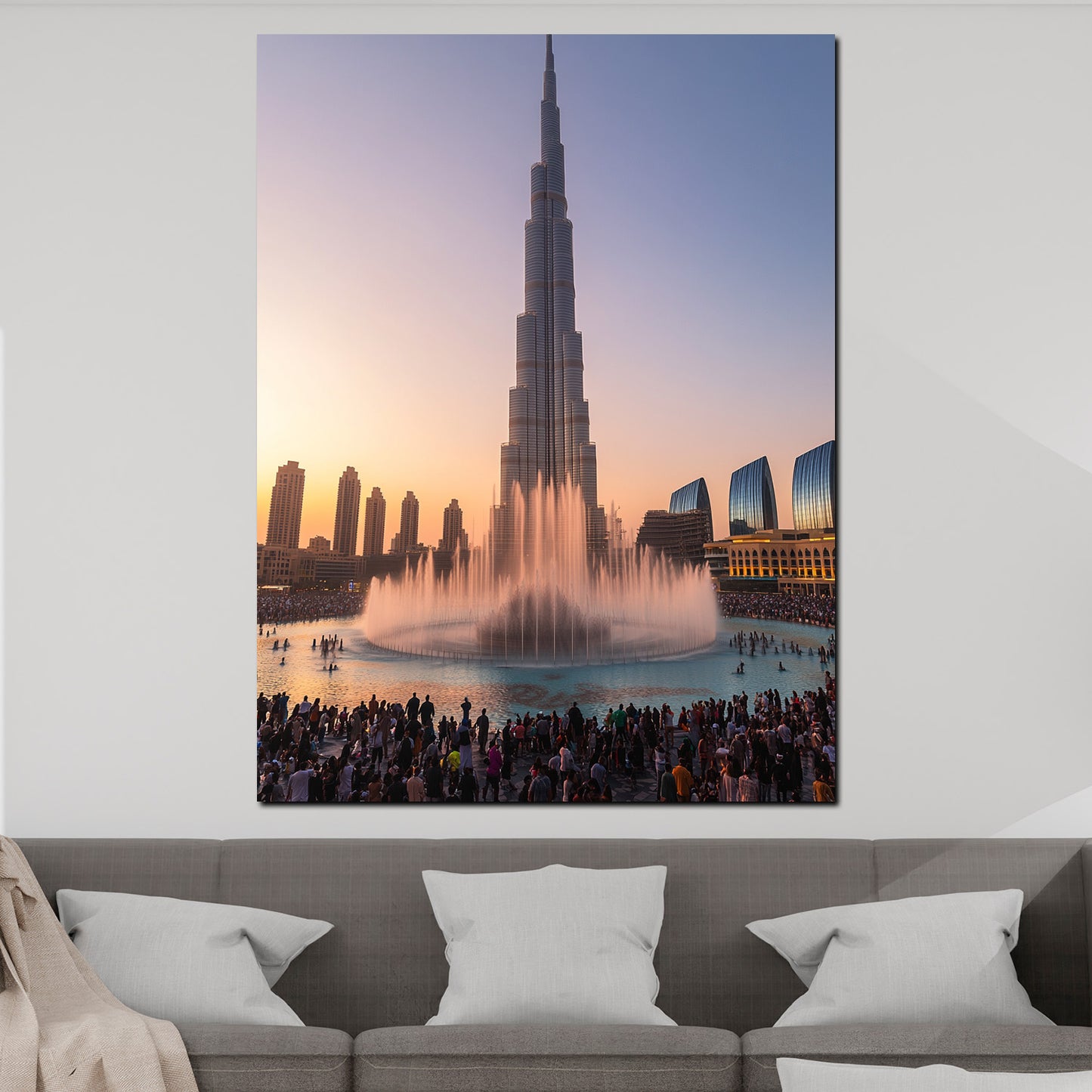Dubai Burj Khalifa mit Wasserfontäne bei Sonnenuntergang Wandbild Kunstwerk