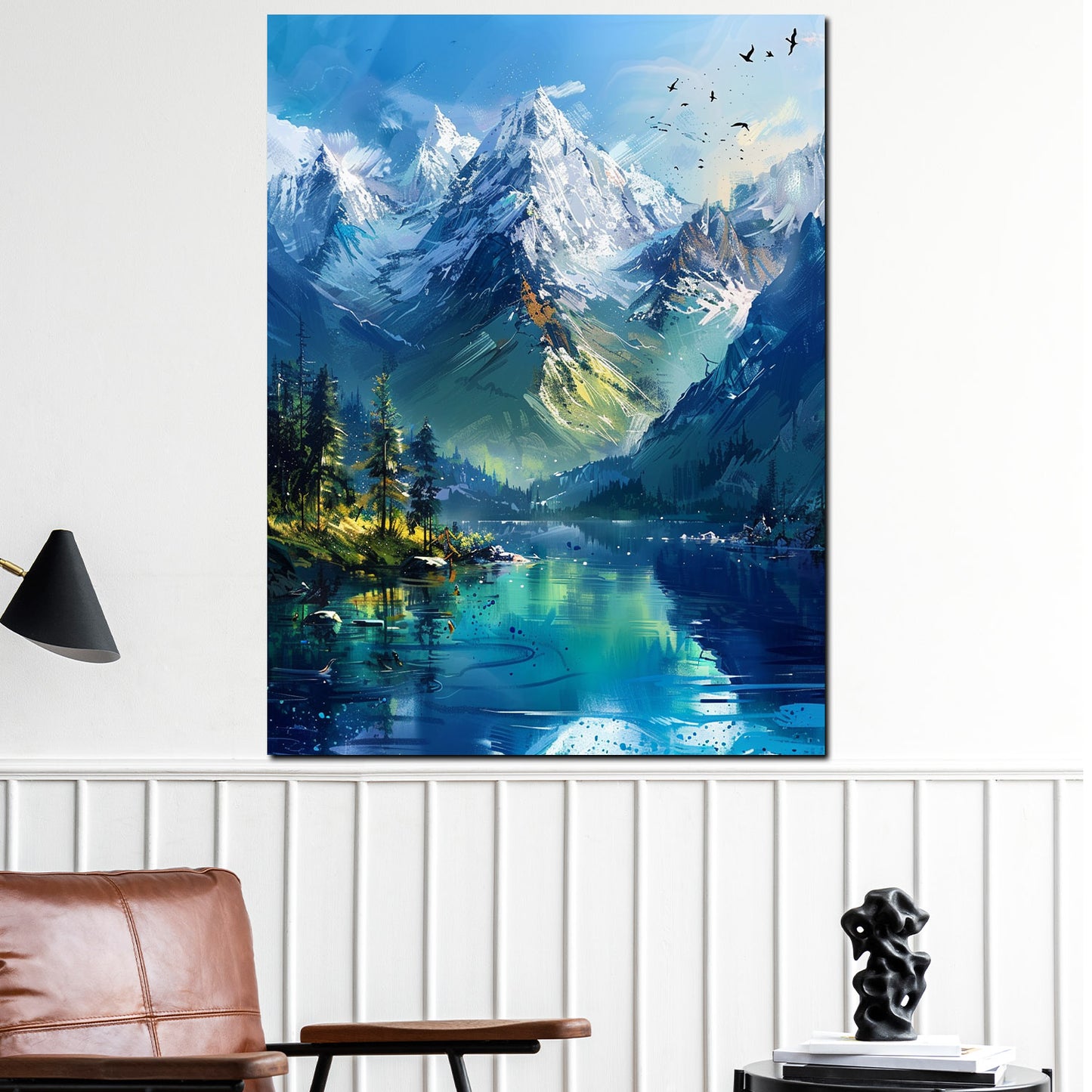 Wandbild Kunstwerk Berge und Natur reflektierend im Wasser