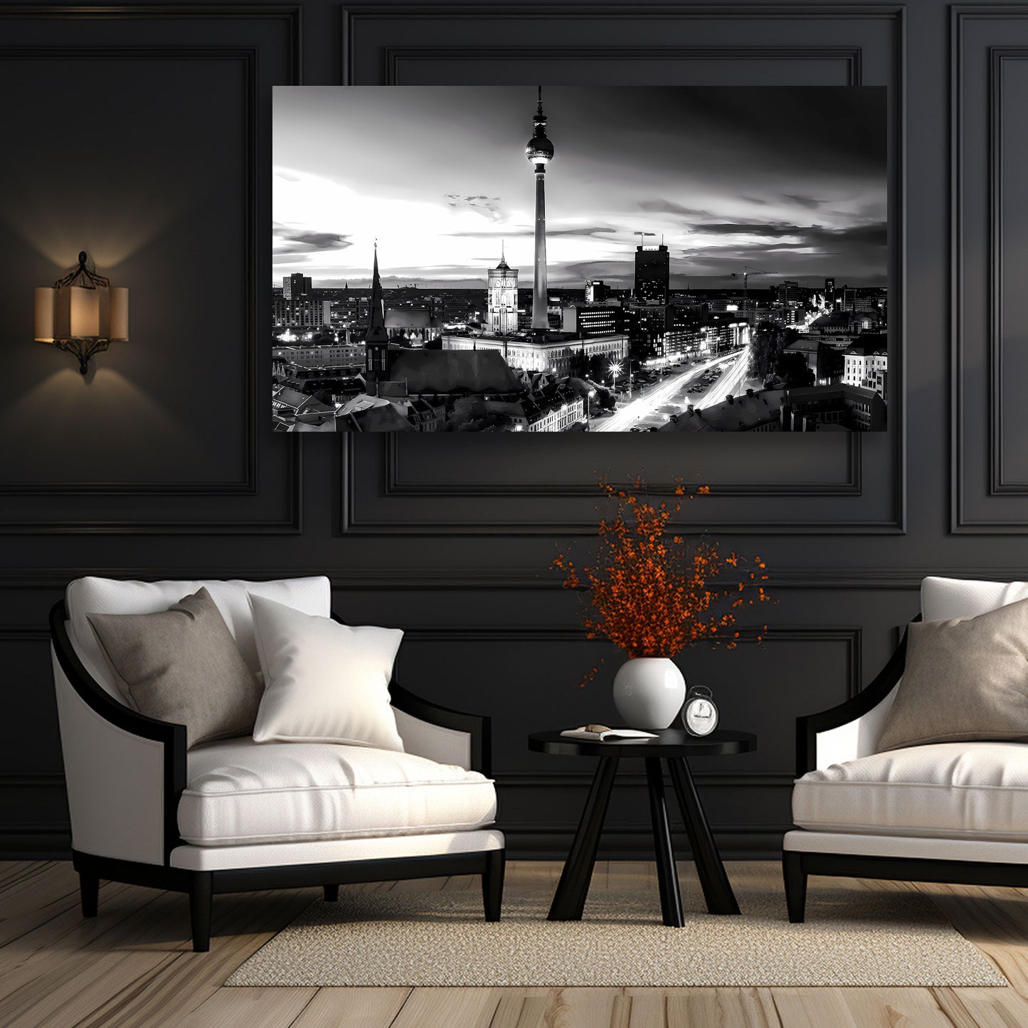 Wandbild Kunstwerk Berlin Skyline Fernsehturm schwarz weiss