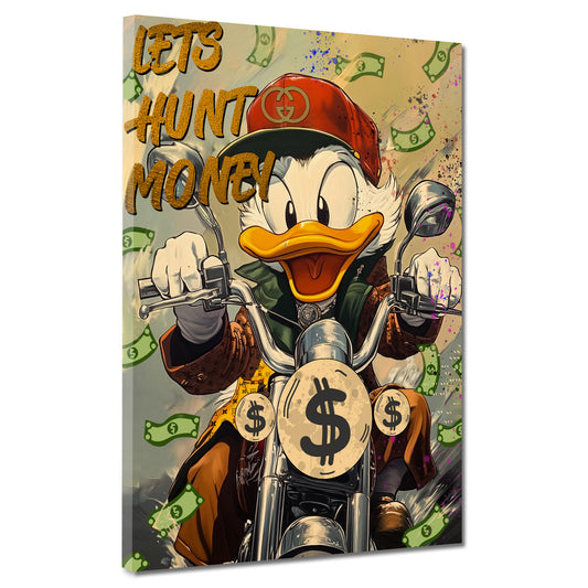 Wandbild Kunstwerk Comic Duck Jagd nach Geld Motorrad