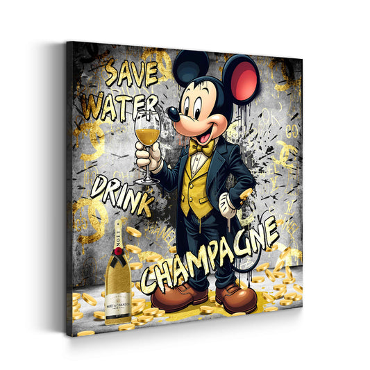 Wandbild Kunstwerk Comic Maus im Anzug Geld Champagner Lifestyle elegant