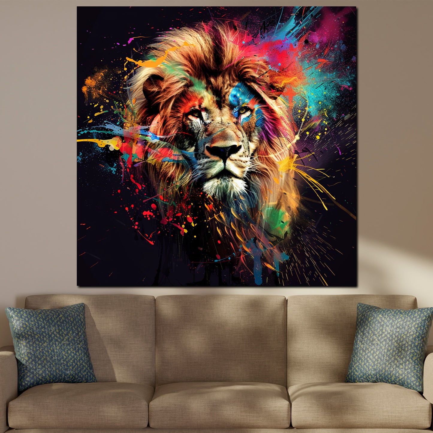 Farbenfroher Löwe mit dynamischen Farben Wandbild Kunstwerk