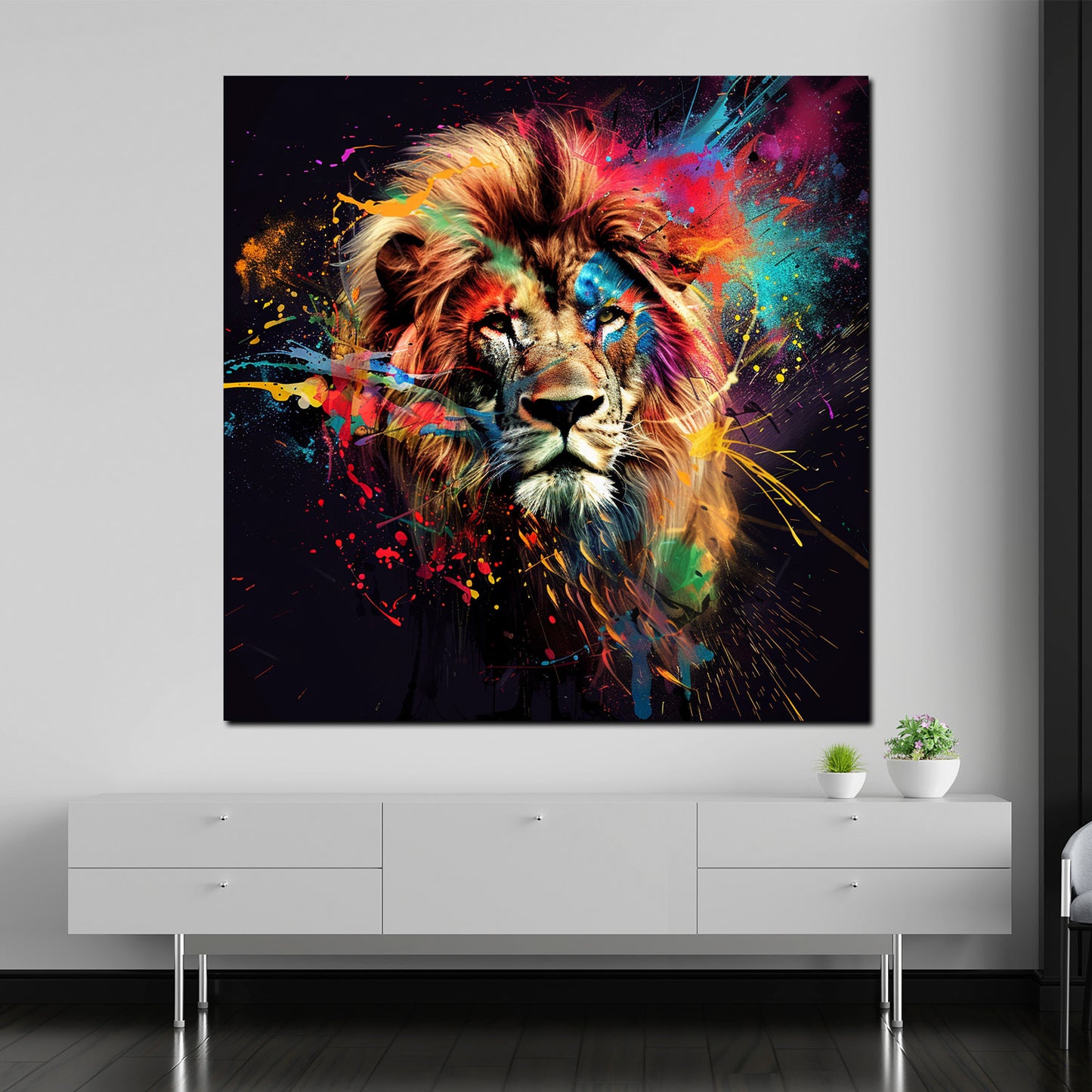 Farbenfroher Löwe mit dynamischen Farben Wandbild Kunstwerk