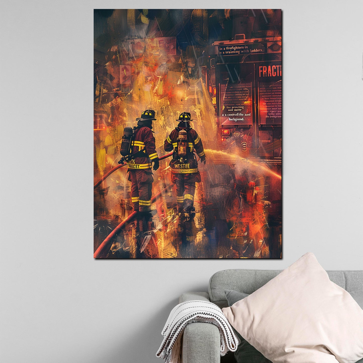 Feuerwehrmänner löschen Feuer Wandbild Kunstwerk