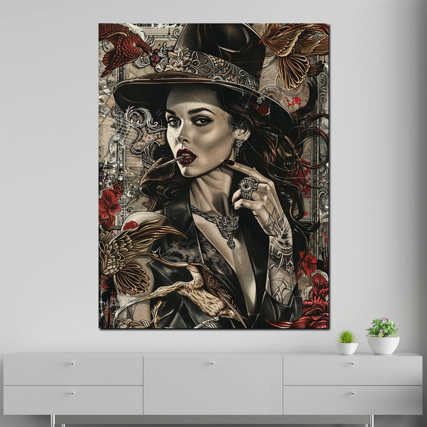Wandbild Kunstwerk Frau geheimnisvoll Vintage Stil