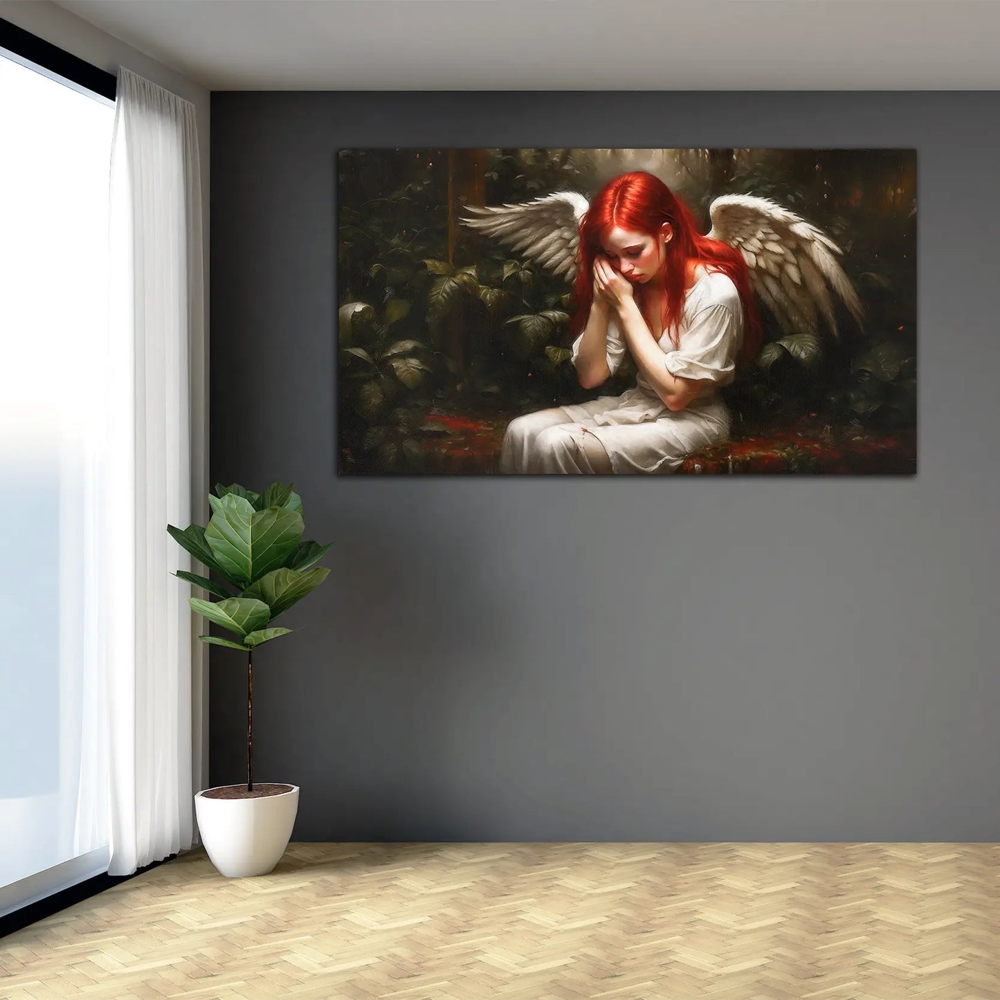 Frau mit roten Haaren und Engelsflügel Wandbild Kunstwerk