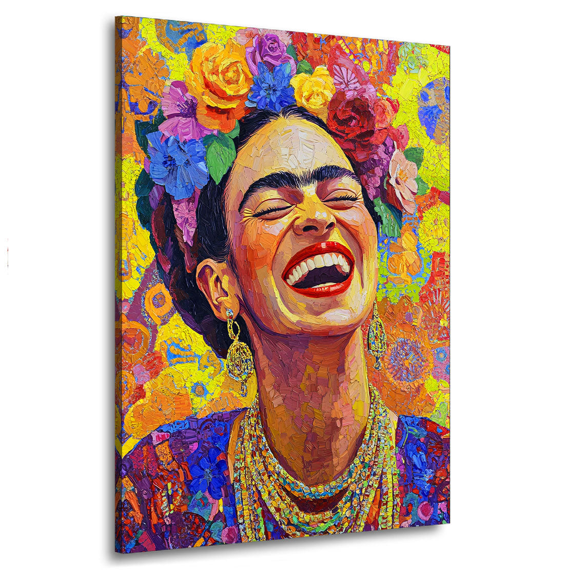 Pop Art Frida mit Blumenkranz und fröhlichem Lächeln abstrakte Wandbild Kunstwerk