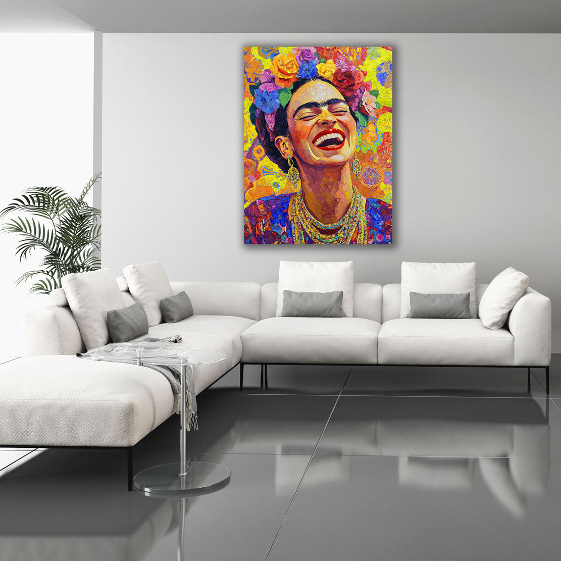 Pop Art Frida mit Blumenkranz und fröhlichem Lächeln abstrakte Wandbild Kunstwerk