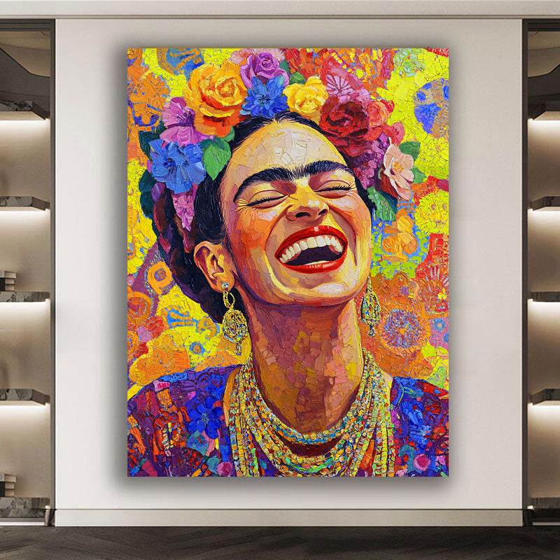Pop Art Frida mit Blumenkranz und fröhlichem Lächeln abstrakte Wandbild Kunstwerk