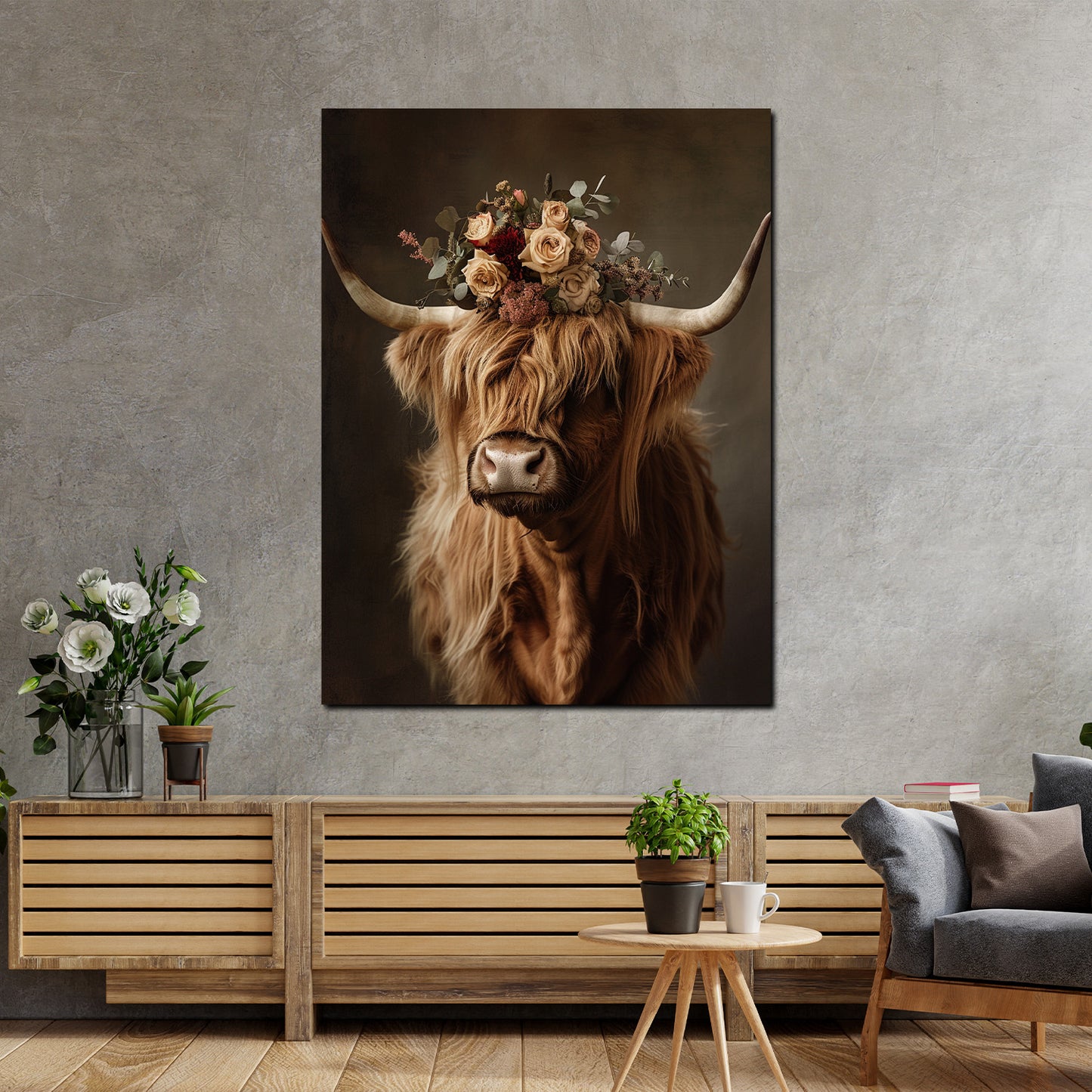 Wandbild Scottish Highlander Hochlandrind Blumen Natur Boho Stil modern