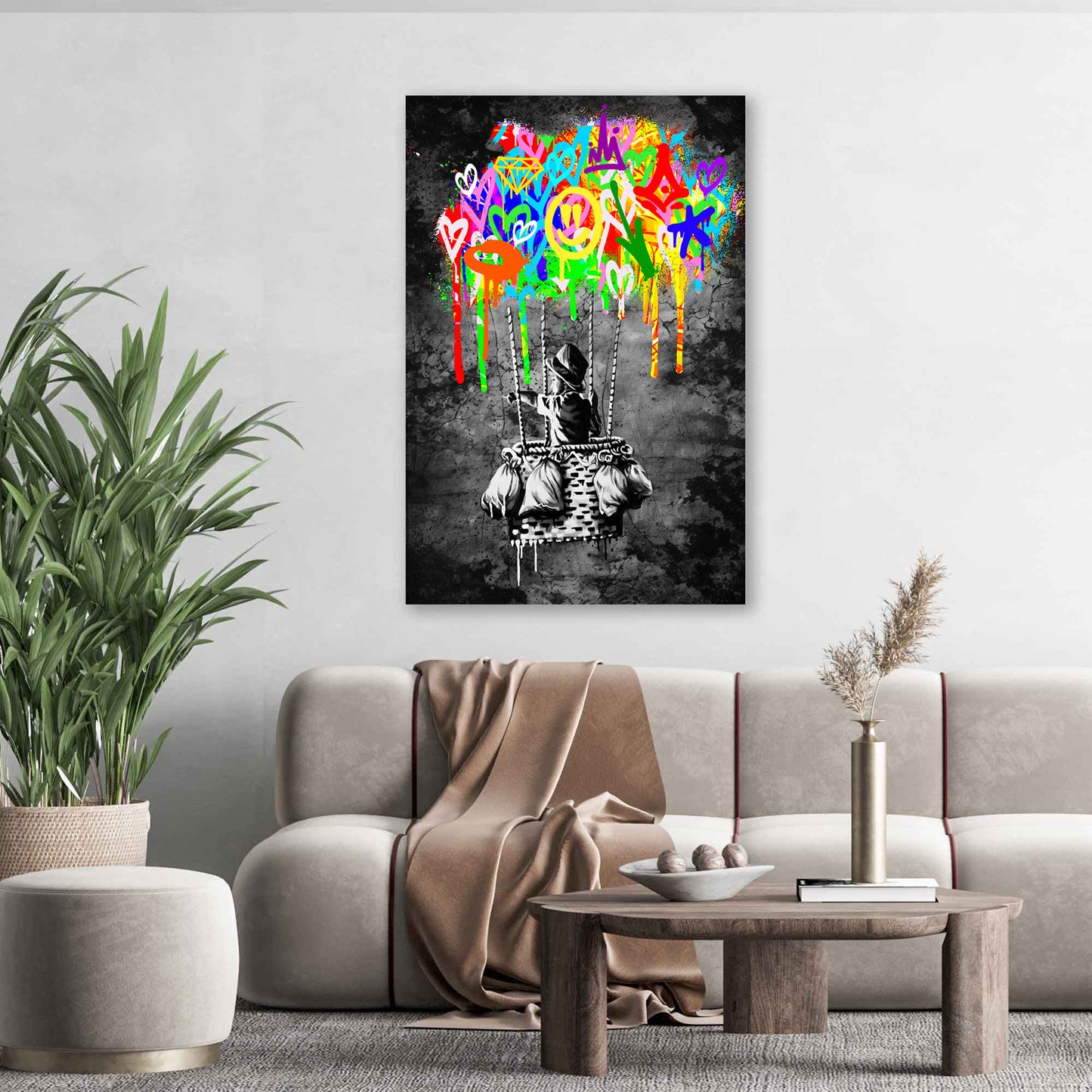 Junge im Street Art Heißluftballon Wandbild Kunstwerk