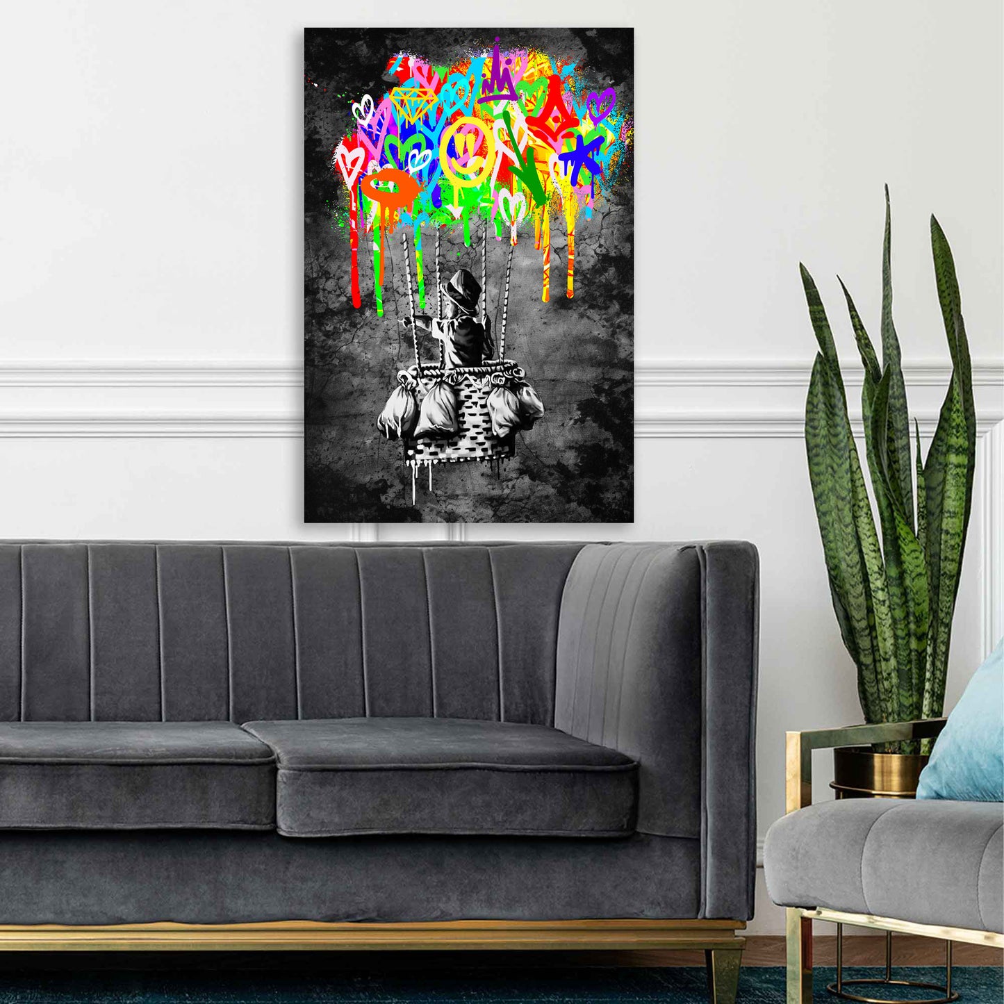 Junge im Street Art Heißluftballon Wandbild Kunstwerk